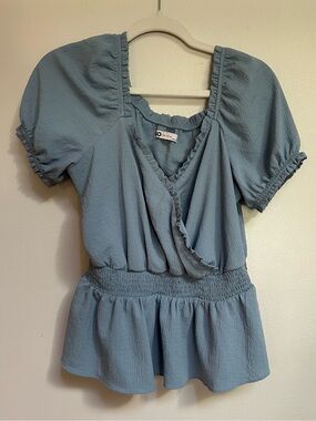SO Goods For Life Slate Blue Ruffle Surplice Peplum Top - Size L